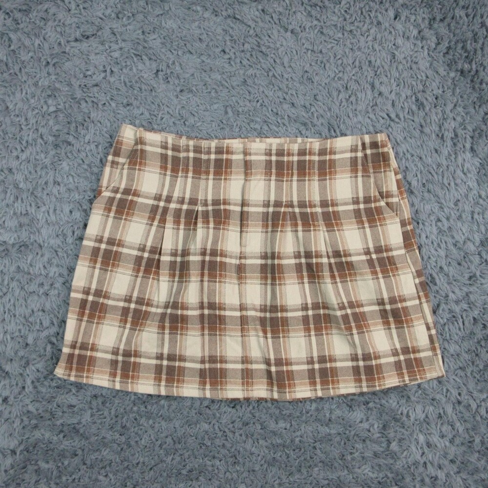 Le Lis Skirt Womens Medium Beige Plaid Pleated Short Twill Pockets Lined NWT
